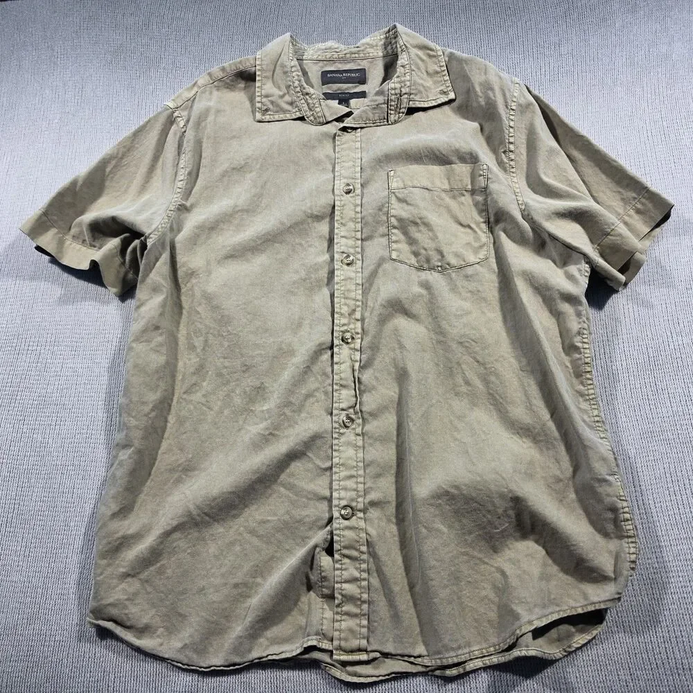 Banana Republic Slim Fit Button-Up Short Sleeve Shirt Beige Pocket Men's L